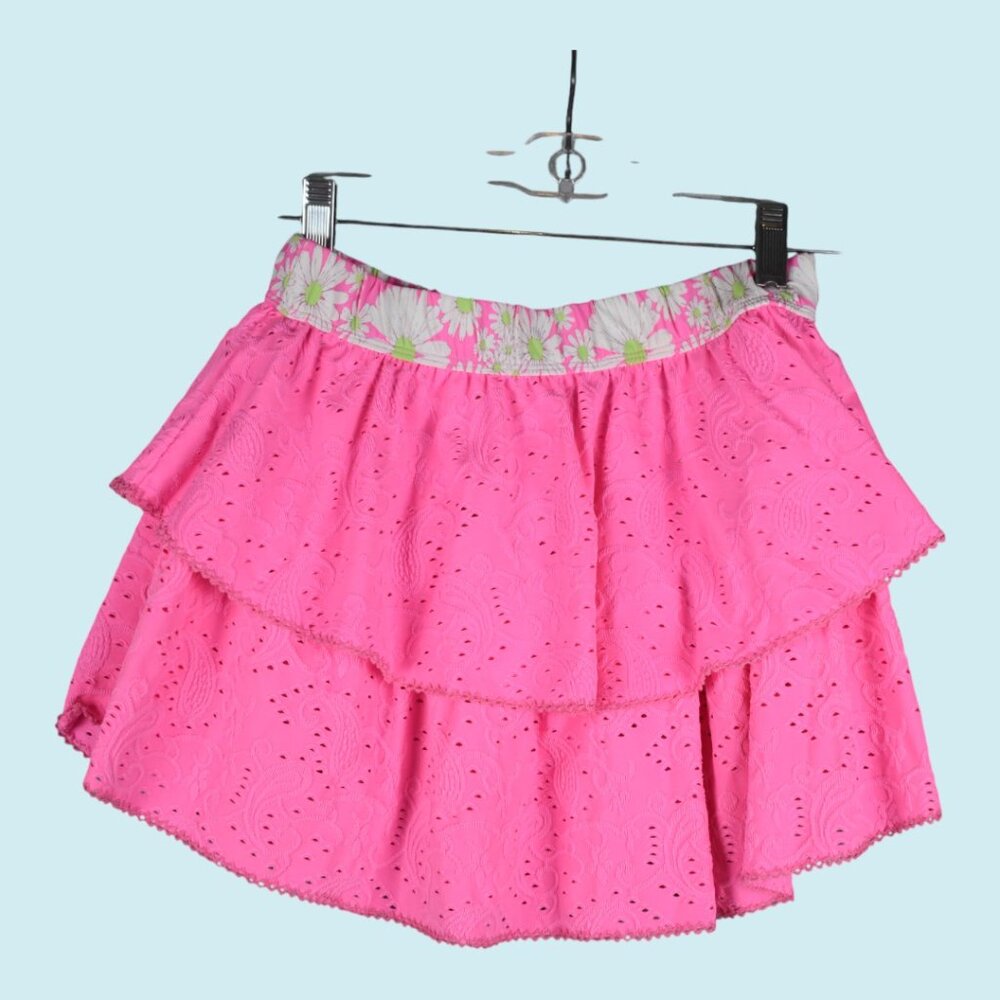 LoveShackFancy x Hurley Skirt Size XS Pink Mini Tiered Ruffle Eyelet Paisley - Picture 10 of 14